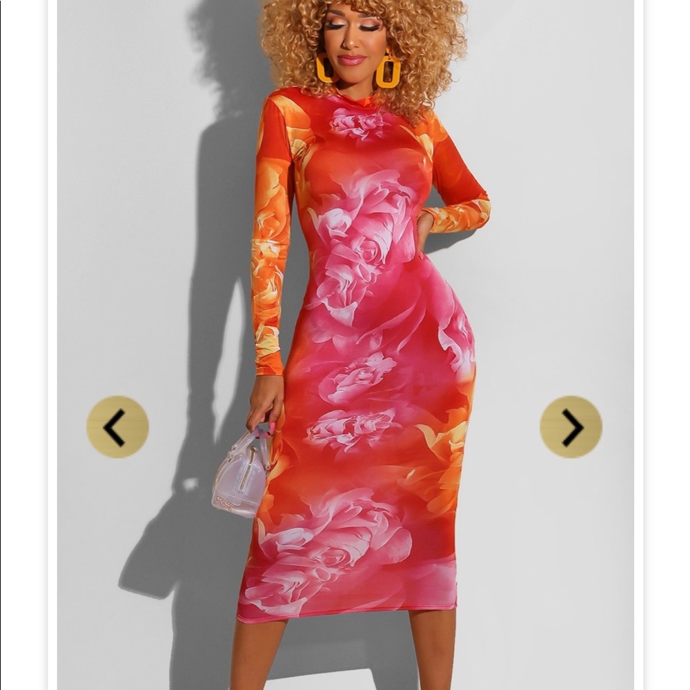 Rose Print Zip Midi Dress sz S NWT